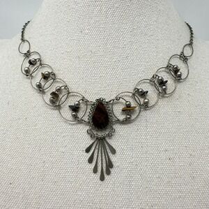 Vintage Silver Tone Brown Stone Pendant‎ Necklace Boho Hippie Style Jewelry